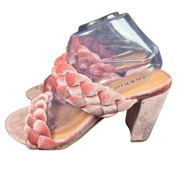 TORRID Pink Chunky Heels Size 8.5 Wide Velvet Braided Heel Sandals Excellent - Picture 4 of 8